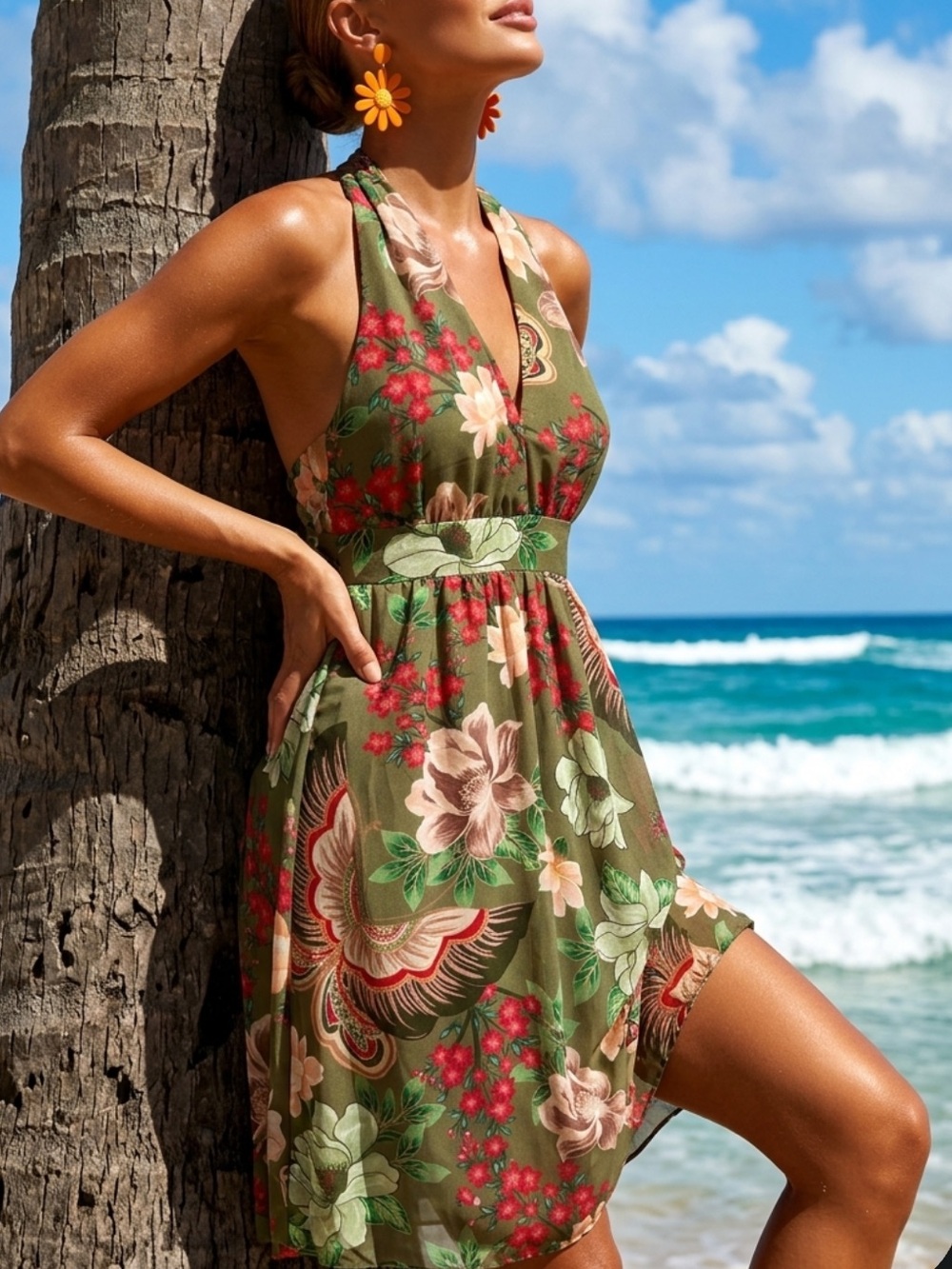 Halter Maxi Beach Dress in Olive Floral